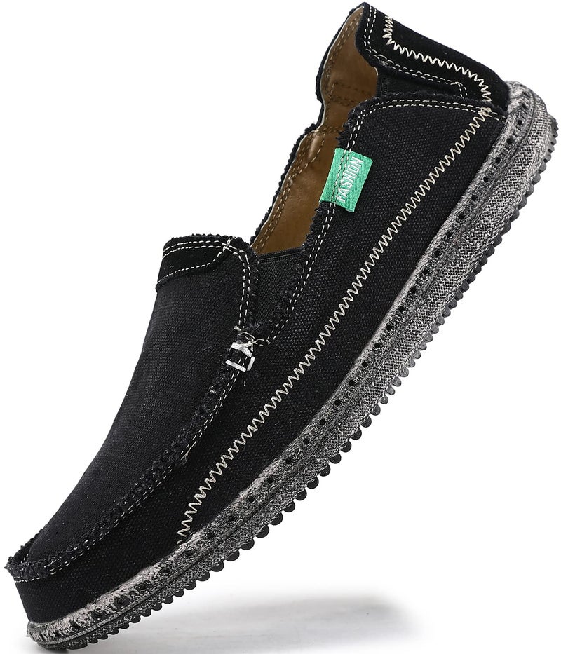 VILOCY Mens Slip on Deck Shoes Zero Drop Casual Canvas Loafer Vintage Flat Boat Shoes Black US11 EU45 - Image 1